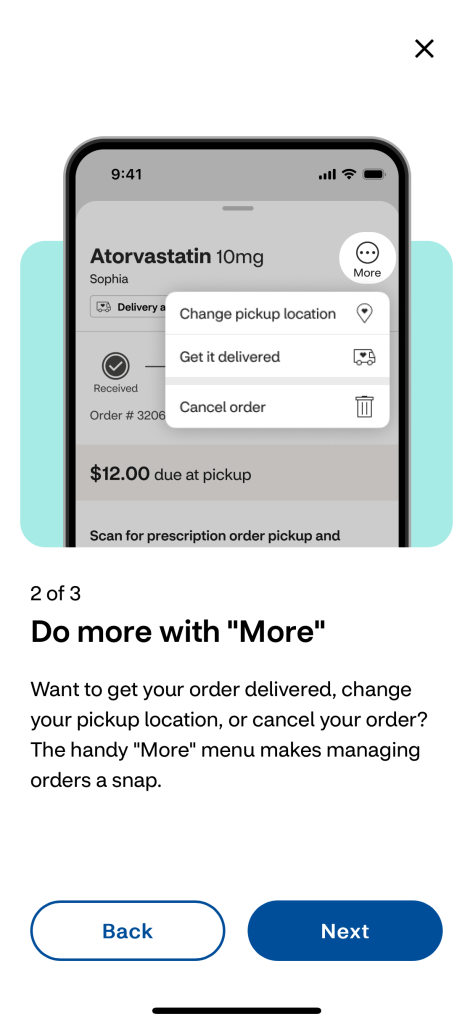 An image highlighting the "More" button and options on the new Your Orders experience, including change pickup location, get it delivered, and cancel order. 